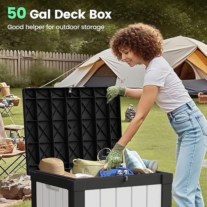 50 Gallon Storage Box, Waterproof Deck Box for Indoor & Outdoor Use, Lockable Pool Storage Bin for Package Delivery, Outdoor Bench for Patio Cushions, Garden Tools, Backyard, Black & White-Ruum Studio Home