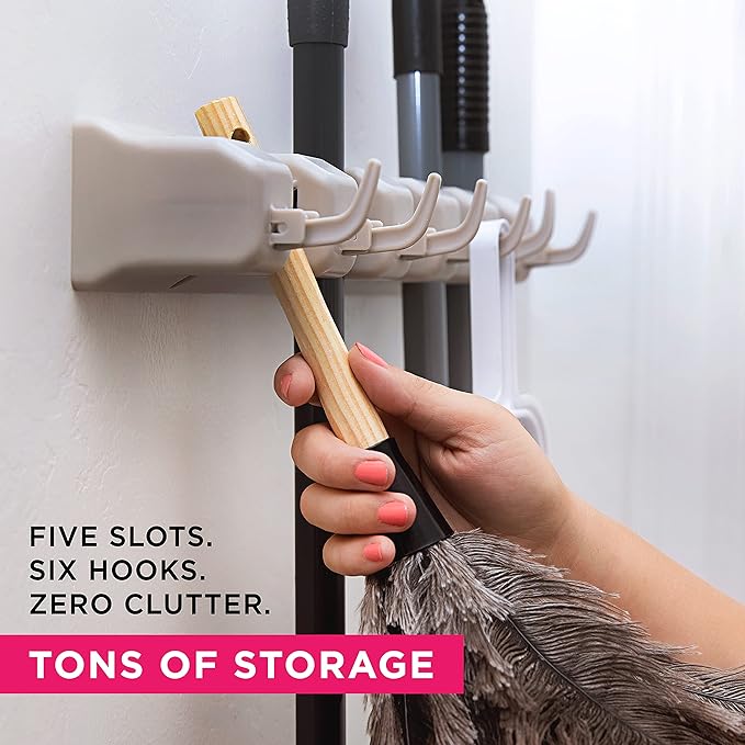 Broom Holder Wall Mount and Garden Tool Organizer, Closet Storage, Kitchen Rack, Home Organization and Garage Organizer for Rake or Mop Handles Up to 1.25-Inches, Hanger Plus 6 Hooks (BEIGE, 1 PACK)-Ruum Studio Home