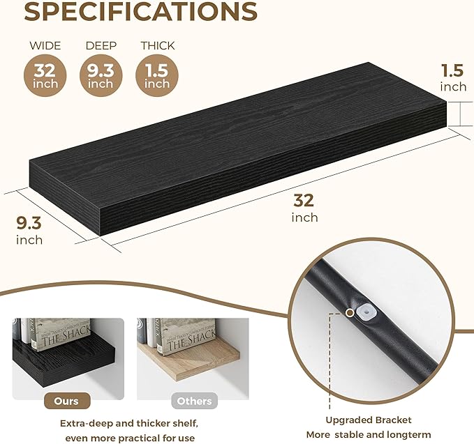 Dreamland 32 Inches Floating Shelves for Wall, 9.3" Deep Long Floating Shelves Set of 2, Large Display & Storage Shelf, Wall Shelf for Bathroom Bedroom Living Room Kitchen Office, Black-Ruum Studio Home