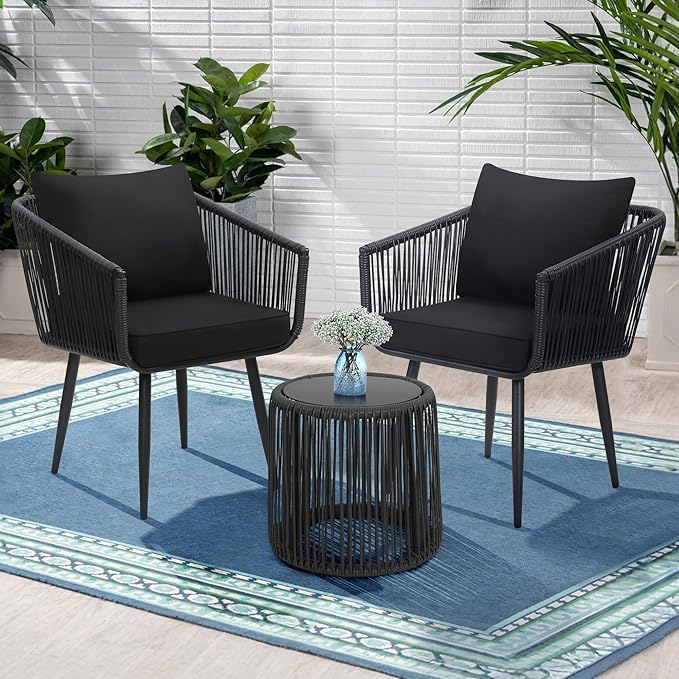 Kromax 3 Pieces Patio Rattan Bistro Conversation Set, Outdoor All-Weather Wicker Furniture Chairs and Side Table Set Ideal for Balcony, Porch and Backyard, Black-Ruum Studio Home