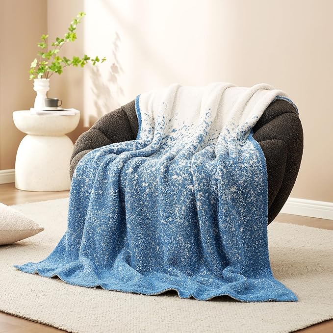 Snuggle Sac Blue Blanket Twin Size for Bed and Sofa, Reversible Super Soft Blankets Warm Cozy Knit Blankets Fuzzy Plush Lightweight for Couch, Picnic, Ombre Blue, 60x80 inches-Ruum Studio Home