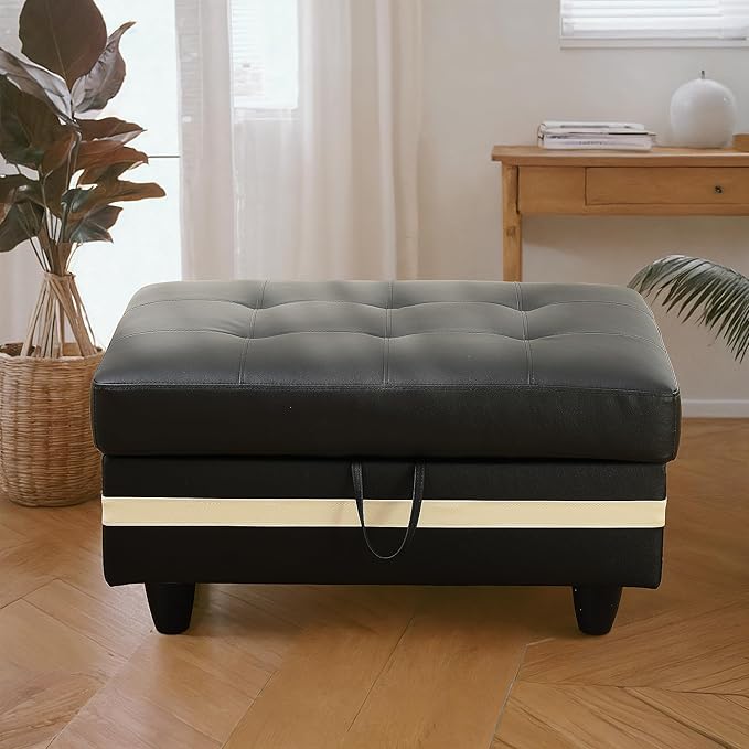 Ottoman Rectangular Storage Ottoman Bench, Faux Leather Footrest, Coffee Table, Stool Footstool with Hinged Lid for Living Room, Bedroom, Entryway, Black with White Strip, 35"x23.5"x17.5"-Ruum Studio Home