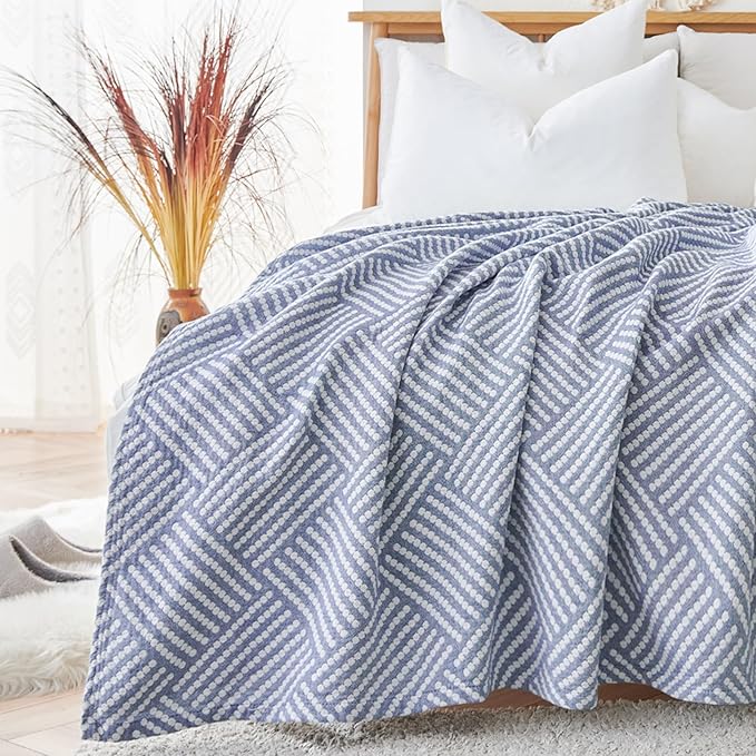 jinchan Boho 100% Cotton Blanket Muslin 50x60 Inches Lightweight 3-Layer Geometric Square Striped Pattern Reversible Quilt Throw Soft Breathable Comfy All Seasons for Couch Bed Decor, Blue-Ruum Studio Home