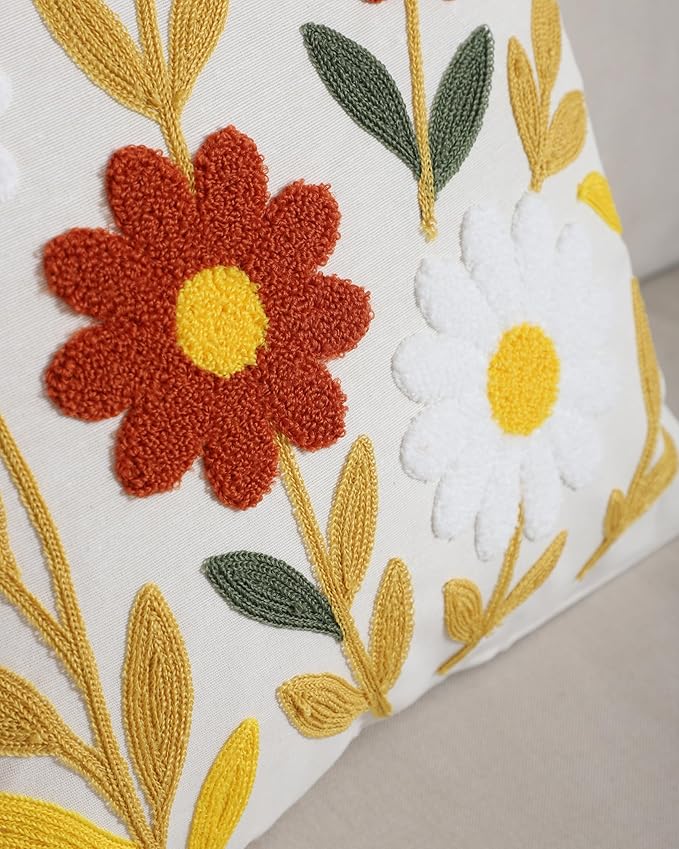 Throw Pillow Cover with Sunflower Embroidery – 18x18 inch Handmade Punch Needle Cushion – 100% Cotton Decorative Pillow for Couch, Bed or Living Room – Boho Floral Home Decor-Ruum Studio Home