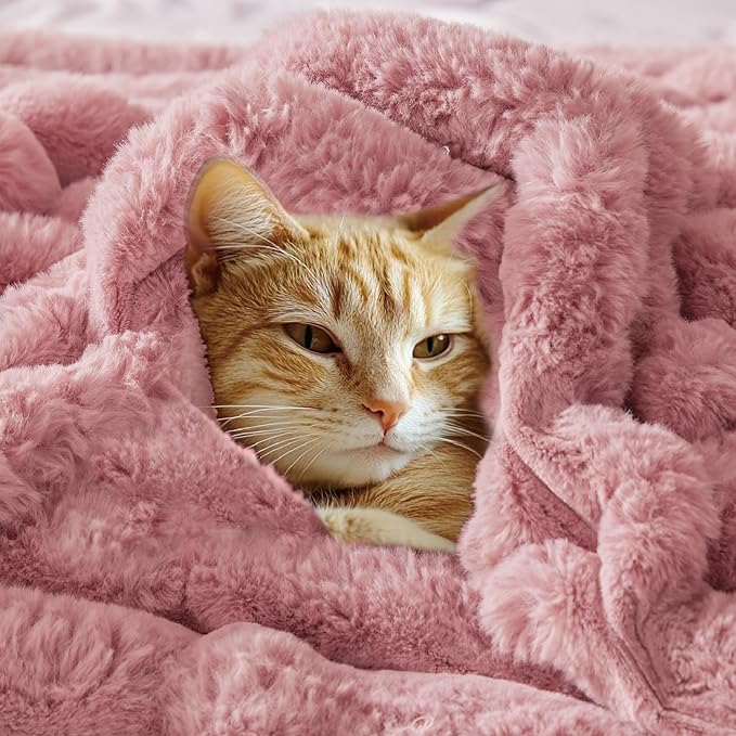 BEDELITE Faux Fur Throw Blanket for Couch, Soft and Cozy Luxurious 3D Striped Fluffy Blanket, 770GSM Thick Warm Plush Fuzzy Faux Rabbit Fur Blanket for Women Gift (Pink, 60"x 80")-Ruum Studio Home