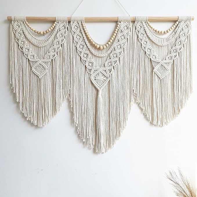 guzhiou large macrame wall hanging - Boho Tapestry Macrame Wall Decor Art- Chic Bohemian Handmade Woven Tapestry Home Decoration for Bedroom Living Room Apartment Wedding Party - 43"x32" (Wood bead)-Ruum Studio Home