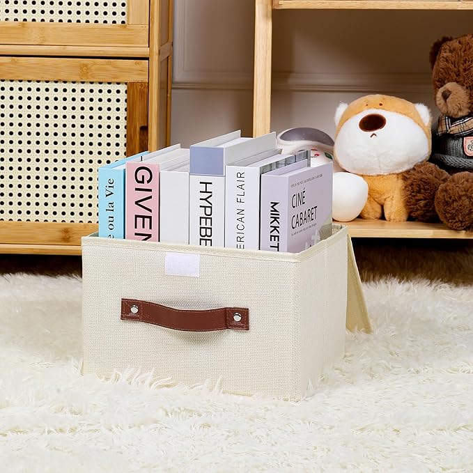 ANMINY 4PCS Storage Bins with Lid PU Leather Handles Storage Boxes PP Plastic Board Decorative Foldable Lidded Cotton Linen Fabric Home Cubes Baskets Closet Organizer Containers - Beige, Small Size-Ruum Studio Home