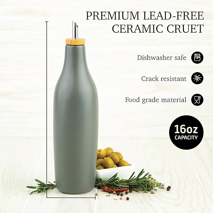 kitchentoolz Olive Oil Stoneware Dispenser Bottle, Ceramic 16 Oz Container for EVOO or Vinegar Kitchen Counter, Pewter Gray-Ruum Studio Home