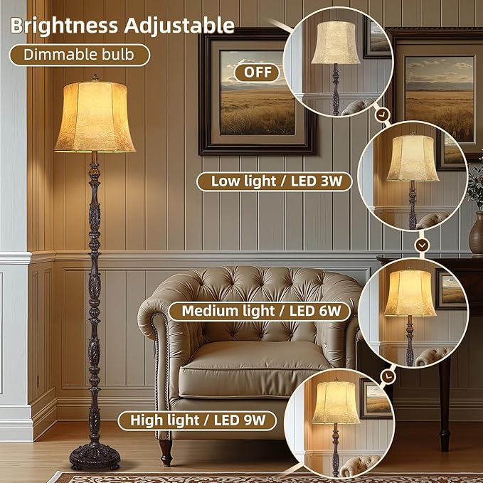 Scenekoy Vintage 66” Tall Floor Lamp for Living Room Bedroom, Retro Resin Carved Standing Lamp with Faux Leather Shade, 3-Way Dimmable Bulb, Rotary Switch Rustic Corner Light for Home Decor-Ruum Studio Home