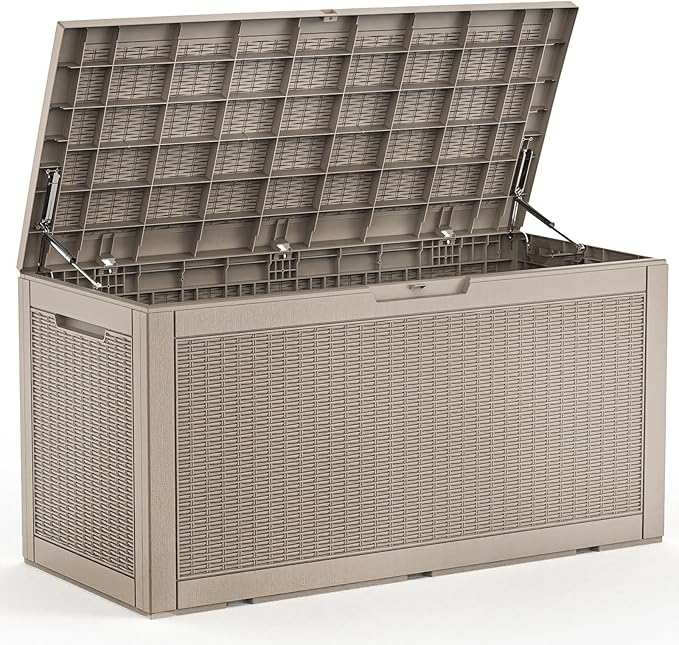 102 Gallon Outdoor Storage Box Waterproof, UV Resistant Resin Deck Box with Hydraulic Rod, Lockable Design and Enhanced Durability for Patio, Garden, and Poolside Use-Ruum Studio Home