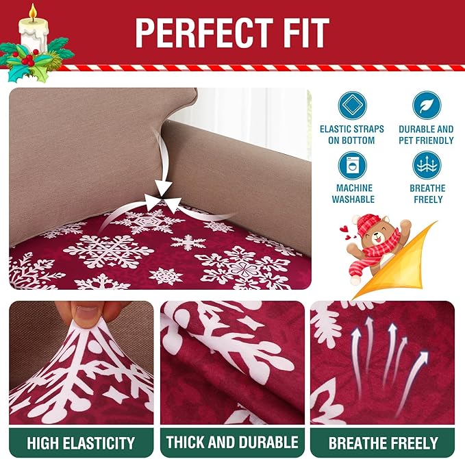 H.VERSAILTEX Christmas Sofa Slipcover Fleece Stretch Couch Cushion Cover Furniture Protector Seat Cushion Snowflakes Sofa Cover for Christmas (1 Piece Armchair Cushion Covers, Snowflakes)-Ruum Studio Home