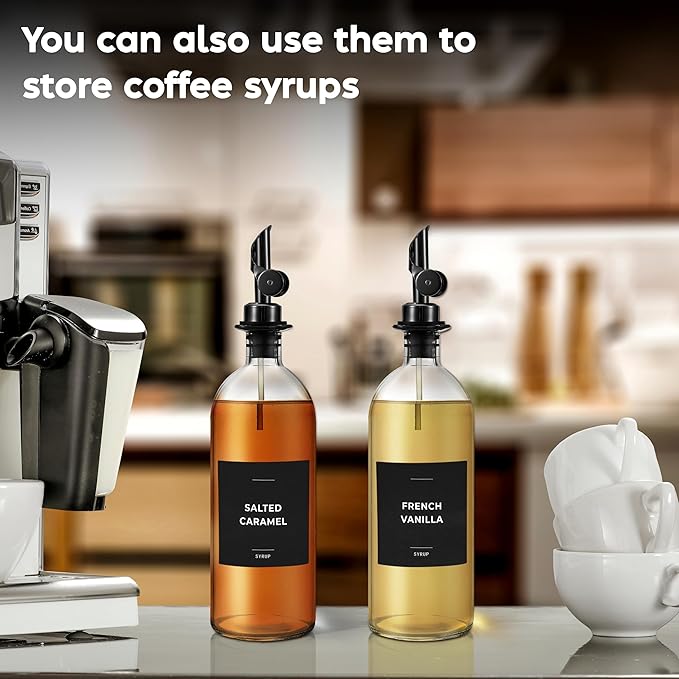 Olive Oil Dispenser Bottle - Includes 55 Kitchen Essential Labels - Cooking Oil Bottles for Kitchen, Coffee Syrup Dispenser - Pourer Spout with 16.9 fl oz Glass Container Cruet - 2pcs, Black-Ruum Studio Home