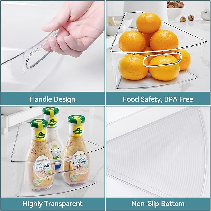 Oubonun Lazy Susan Organizers Set of 6, 11.6’’ x 10.2’’ x 4.1’' Plastic Transparent Kitchen Cabinet Storage Bins with Handle, 4.1" Deep Container, 1/8 Wedge - Food Safe, without BPA-Ruum Studio Home