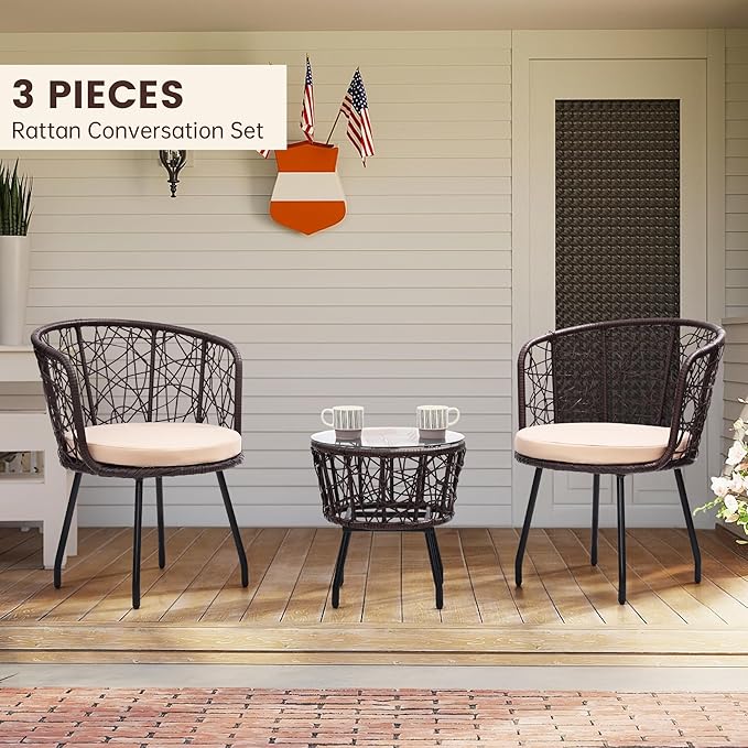 Kromax 3 Piece Bistro Set, Modern Outdoor Wicker Patio Furniture with Tempered Glass Table Top and 2 Chairs, Washable Cushions, Brown Rattan and Begie Cushion-Ruum Studio Home