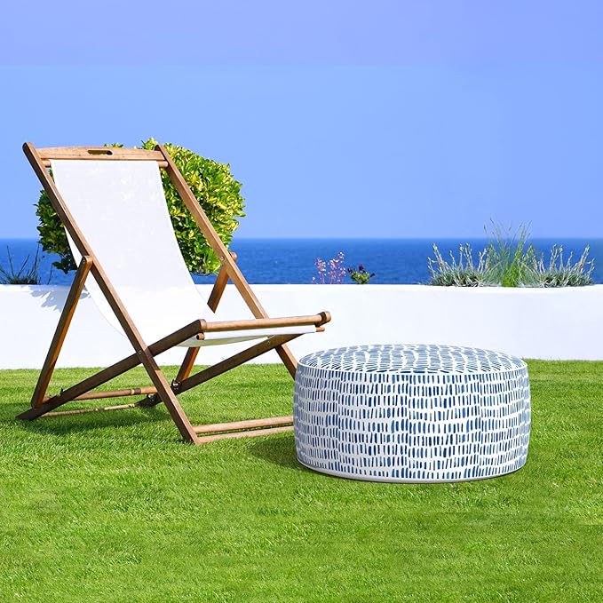 LVTXIII Outdoor Inflatable Ottoman Stool, Patio Water Repellent Footrest Stool with Handle, Portable Outside Round Ottoman for Patio Garden, Camping or Home Use, 21"x21"x9", Blue Pebble-Ruum Studio Home