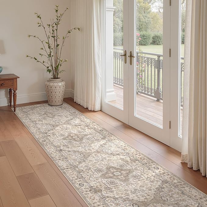 Washable 2.6x14 Runner Rug - Area Rugs Neutral Vintage Distressed Floral Farmhouse Boho Large Soft Floor Rug Indoor Carpet for Hallway Entryway Home - Brown/Multi-Ruum Studio Home