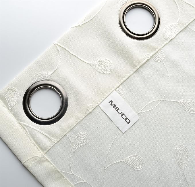 MIUCO Floral Embroidered Semi Sheer Curtains Faux Linen Grommet Curtains for Girls Room 52 x 84 Inch Set of 2, Off White-Ruum Studio Home