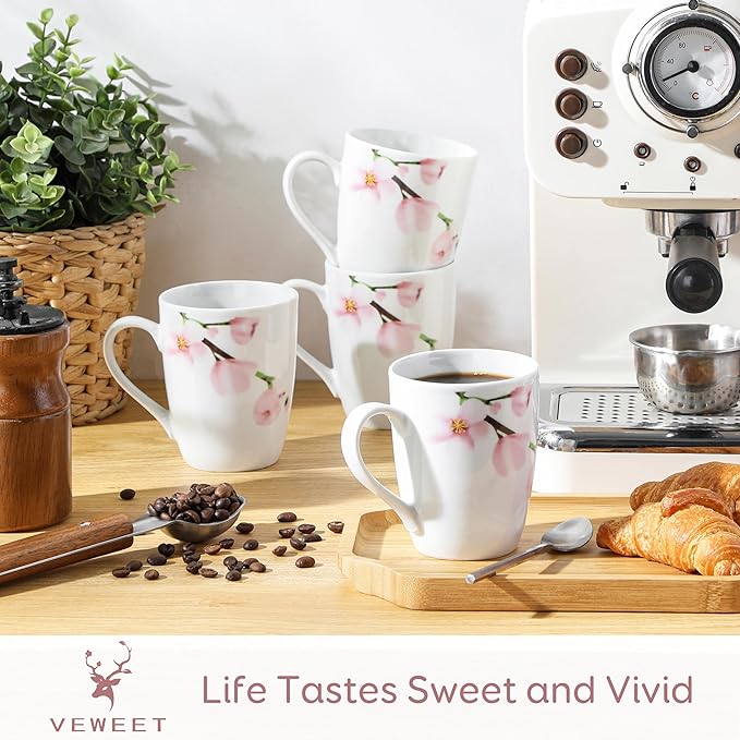 VEWEET Coffee Mugs Set of 6, 11 OZ Coffee Cups Set with Handle, Floral Mug Sets Ceramic Cup Set for Kitchen, Microwave & Dishwasher Safe, Series ANNIE-Ruum Studio Home