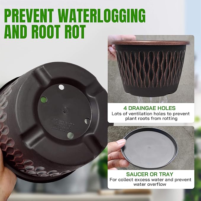 6 Pack 8 Inch Retro Plant Pots, Vintage Striped Flower Pots with Drainage Hole & Saucer, Large Plastic Planters for Indoor and Outdoor Plants, Decorative Garden Pots(Copper)-Ruum Studio Home