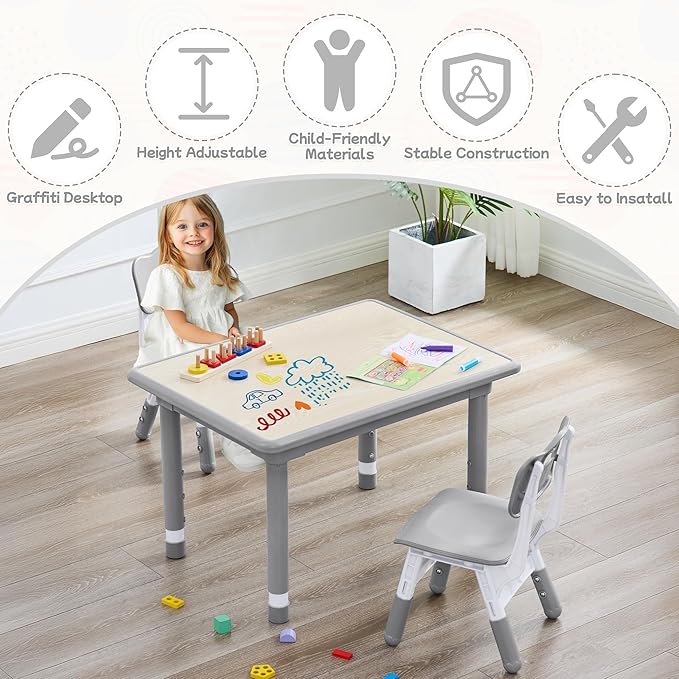 Toddler Table and Chair Set, Height Adjustable-Upgrade Kids Table and 2 Chairs for Ages 3-8, Multi-Activity Toddler Play Table with Graffiti Desktop for Home/Daycare/Classroom-Ruum Studio Home