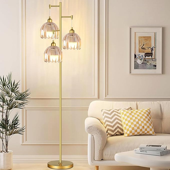 Gold Floor Lamp for Living Room,Bedroom,Tree 3 Light Standing Lamp Mid Century Modern Brass Tall Floor Lamps Vintage Retro Floor Lights Glass Flower Amber Lamp Shade Farmhouse Boho Bohemian-Ruum Studio Home