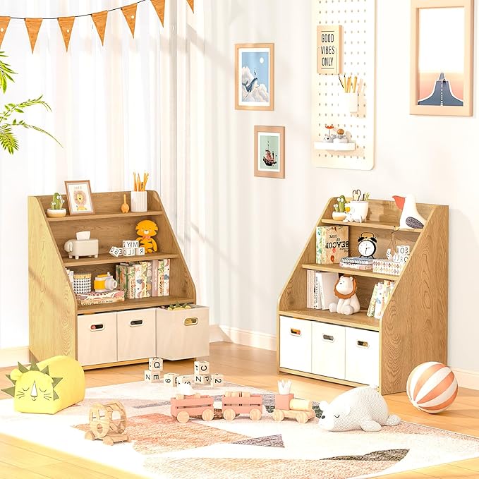 Kids Bookshelf and Toy Organizer, Wooden Kids Bookcase, Toddler Montessori Bookshelf with 3 Movable Drawers, Toy Storage Organizer for Kids Room, Living Room, Nursery-Ruum Studio Home