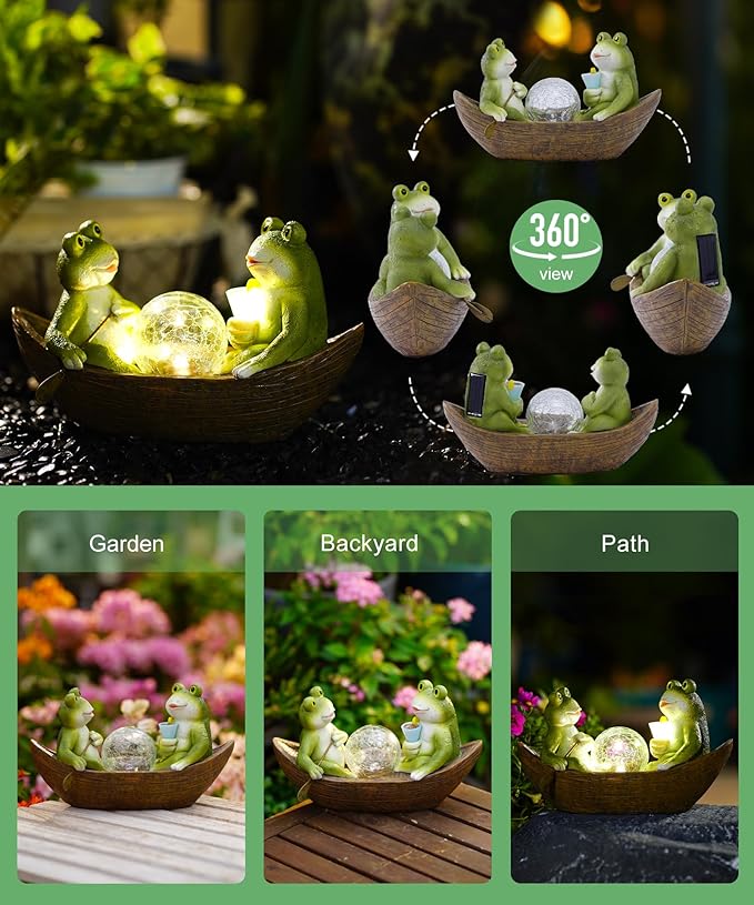 Solar Frogs Boating Statue Garden Decor: Outdoor Sculpture Lights Decorations Art Ornament Yard Lawn Backyard - Ideal Gifts for Women Mom Grandma-Ruum Studio Home
