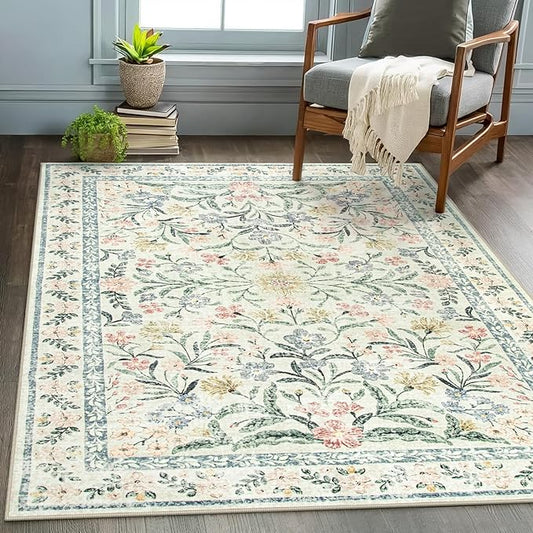 Wonnitar Washable Area Rugs 5x7, Soft Floral Bedroom Area Rug, Washable Carpet 5x7 Non Slip, Boho Flower Print Beige Carpets for Living Room Bedside Dining Room-Ruum Studio Home