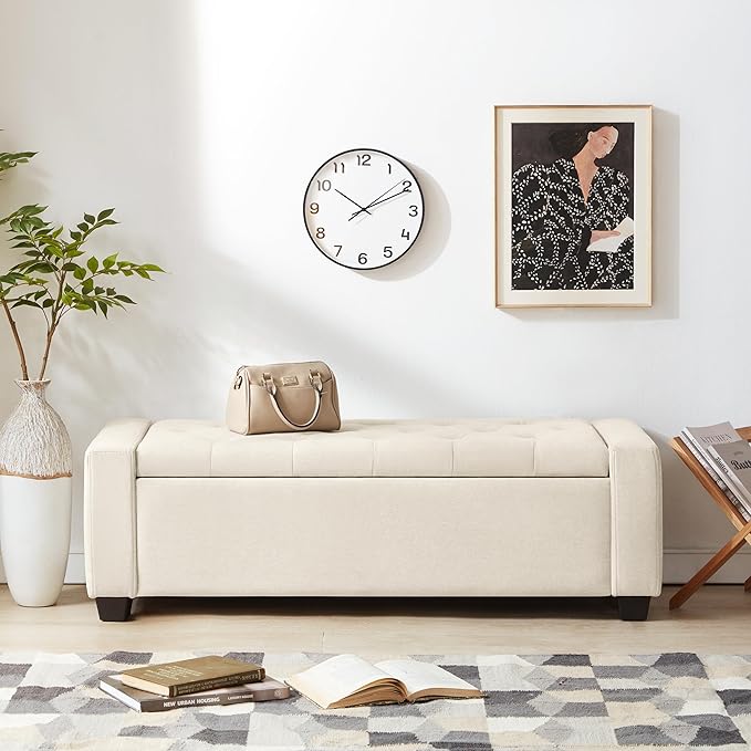 48" Ottoman with Storage, Storage Ottoman Bench with Safety Hinge, Upholstered Entryway Bench with Seating for Bedroom, Living Room, Holds up to 330 lb, Beige-Ruum Studio Home
