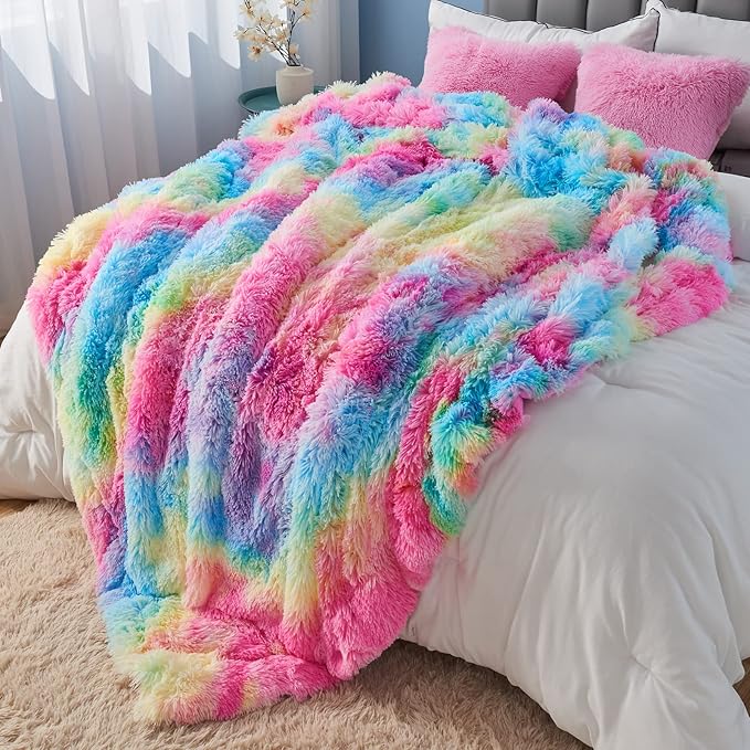 GONAAP Fuzzy Faux Fur Throw Blanket Queen Size Dark Rainbow Super Soft Cozy Plush Fuzzy Shaggy Blanket for Couch Sofa Bed (Dark Rainbow, Queen(90"x90"))-Ruum Studio Home