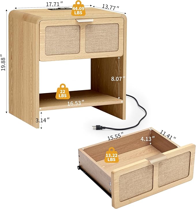 LEVNARY Nightstand with Charging Station, Mid-Century Modern Bedside Table with Curved Top Corners and Fabric-Like Textured Drawer, Wooden End Table for Farmhouse Bedroom Living Room (1, Natural)-Ruum Studio Home