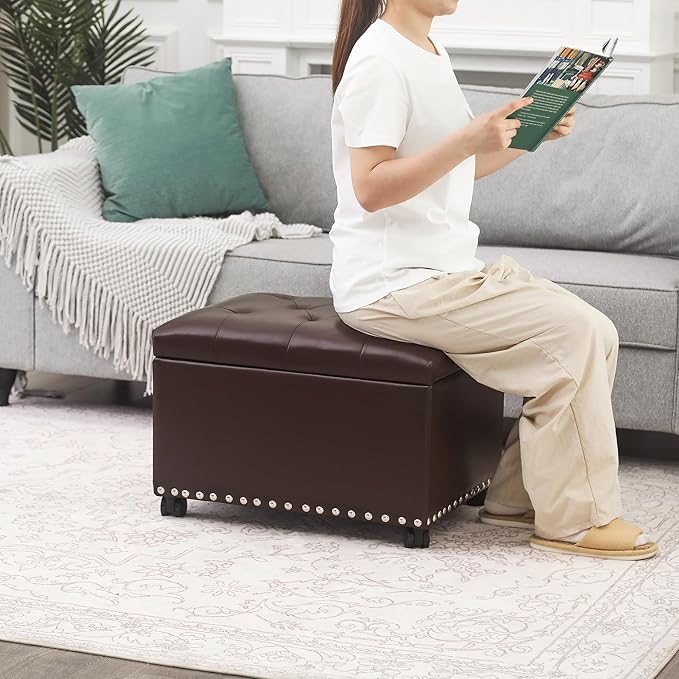 Joveco Leather Storage Ottoman with 360° Wheels 24" Rolling Foot Rest Bench Rectangle Ottomans Stool for Living Room Bedroom (Brown, Wheels)-Ruum Studio Home