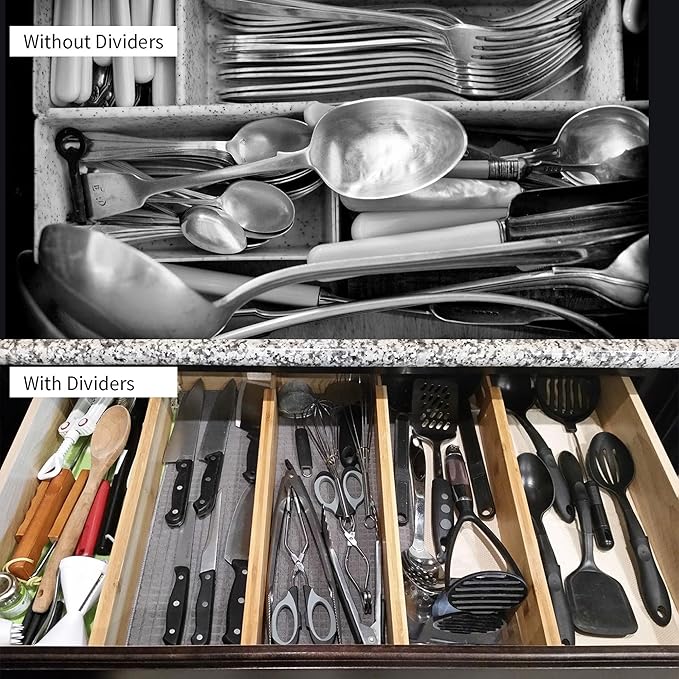 Utoplike Small Bamboo Kitchen Drawer Dividers(Fits 15"-17.7" Drawer Inner Size), 4 PCS Adjustable Drawer Organizers for Socks, Spring Loaded, Works in Drawer for Bedroom, Dresser-Ruum Studio Home