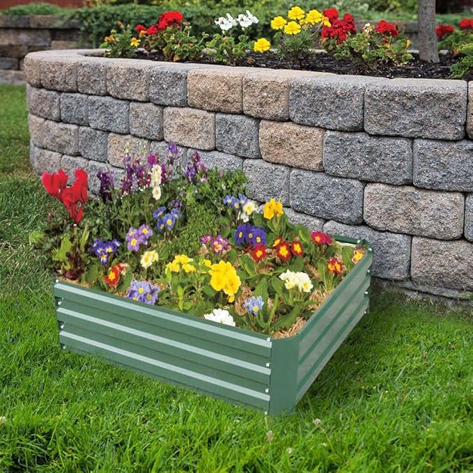 4x4x1ft Metal Raised Garden Bed Kit，Galvanized Garden Bed Box for Vegetables, Flowers, Herbs, and Succulents,120 Gallon Capacity - Green-Ruum Studio Home