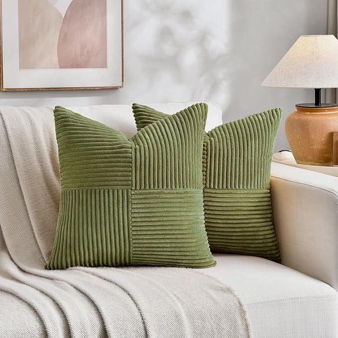 Fancy Homi 2 Packs Moss Green Decorative Throw Pillow Covers 16x16 Inch for Living Room Couch Bed, Rustic Farmhouse Boho Home Decor, Soft Corss Patchwork Corduroy Textured Square Cushion Case 40x40 cm-Ruum Studio Home