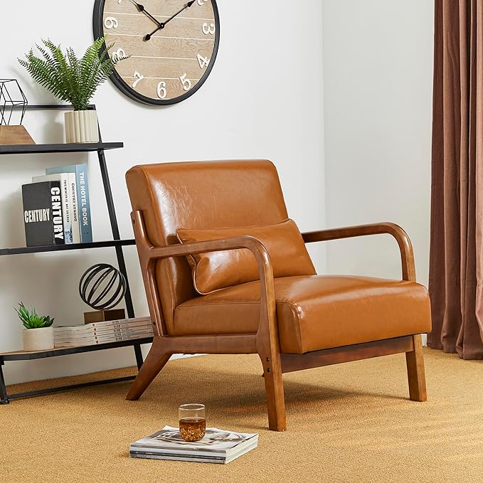 Glitzhome 2 Set Mid Century Yellowish Brown Accent Armchair, Single Reading Armchair PU Leather Lounge Chair with Walnut Ruberwood Frame-Ruum Studio Home