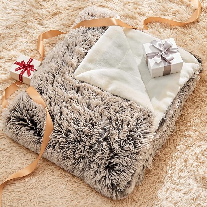 GONAAP Fuzzy Faux Fur Throw Blanket Queen Size Frosty Brown Super Soft Cozy Plush Fuzzy Shaggy Blanket for Couch Sofa Bed (Frosty Brown, Queen(90"x90"))-Ruum Studio Home