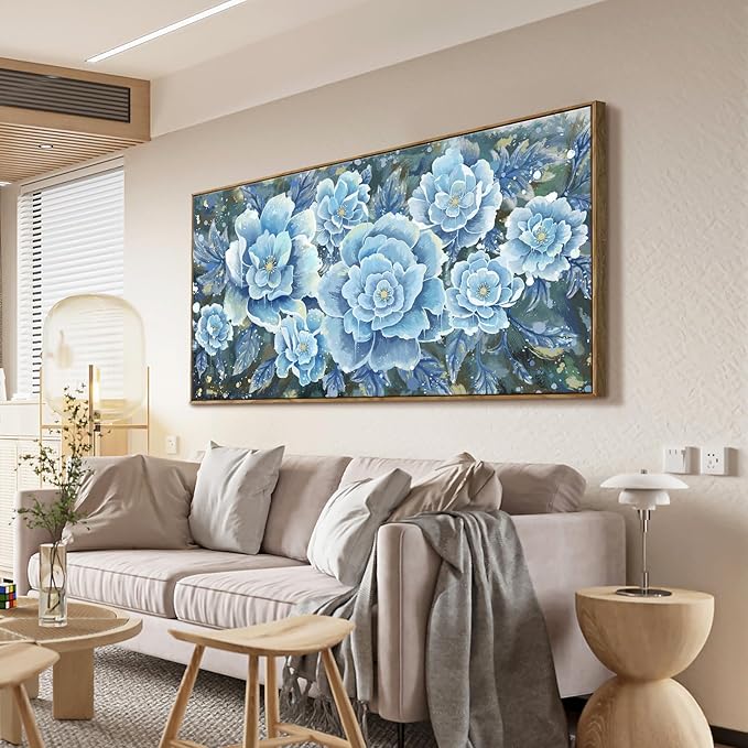 Extra Large Wall Art for Living Room, Framed Big Floral Blue Flower Canvas Print, Modern Oversized Blossom Peony Wall Picture Botanical Artwork for Dining Room Bedroom & Office Décor-Ruum Studio Home