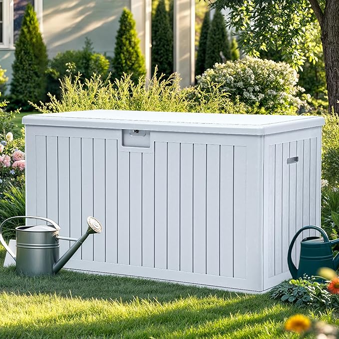 YITAHOME 200 Gallon Extra Large Deck Box, Double-Wall Resin Outdoor Storage Box with Flexible Divider for Patio Cushions Pool Supplies Garden Tools, 990 lbs Load Capacity, Lockable (White)-Ruum Studio Home