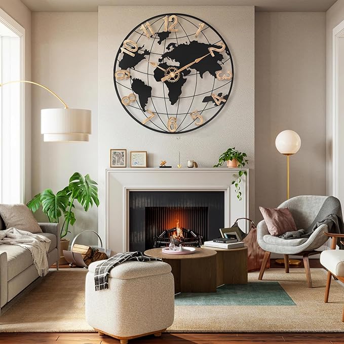 24 Inch Large Wall Clock for Living Room Decor,Big Modern Decorative Silent Metal World Map Wall Clock with Vintage Gold Arabic Numeral for Office,Living Room,Kitchen,Dining Room-Ruum Studio Home