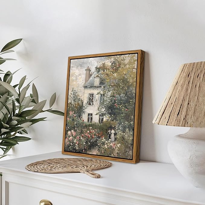 Floating Framed Canvas Vintage Wall Art, Neutral English Cottage Rose Garden Oil Paintings Print, Spring Pictures Wall Decor for Living Room Hallway Bedroom Office Rustic Decor 8x10 inch-Ruum Studio Home