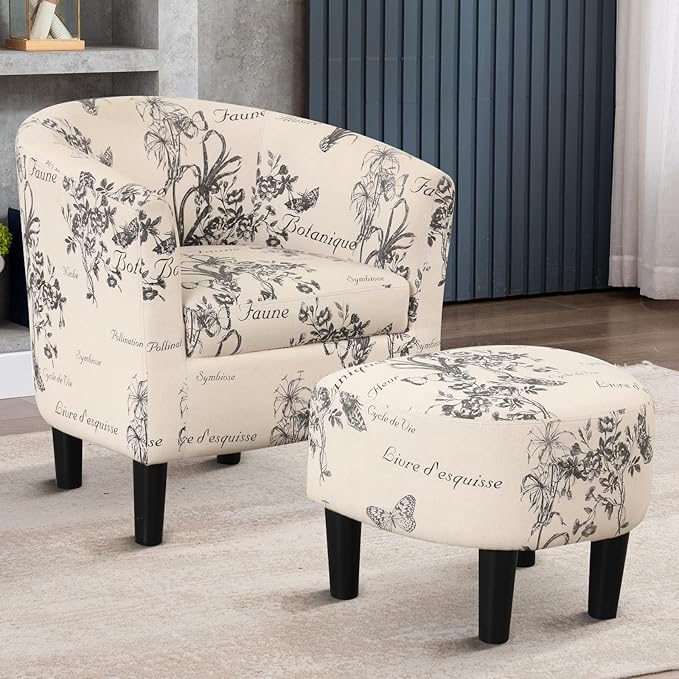 INZOY Modern Accent Chair with Ottoman for Small Space, Club Chair with Ottoman Set, Comfy Fabric Barrel Reading Chairs for Living Room Bedroom, Round Reading Chair with Foot Rest, Flower Pattern-Ruum Studio Home