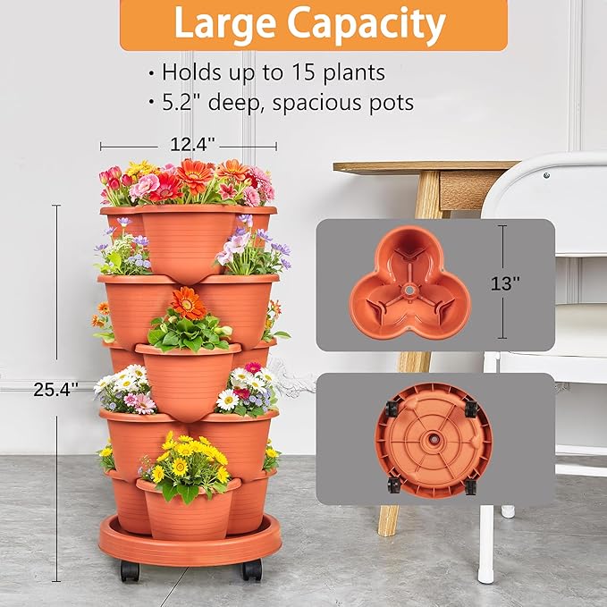 VECELO 5 Tier Vertical Garden Planter, Self Watering Stackable Planters with Wheels for Strawberries, Herbs, Flowers, Vegetables, Red-Ruum Studio Home