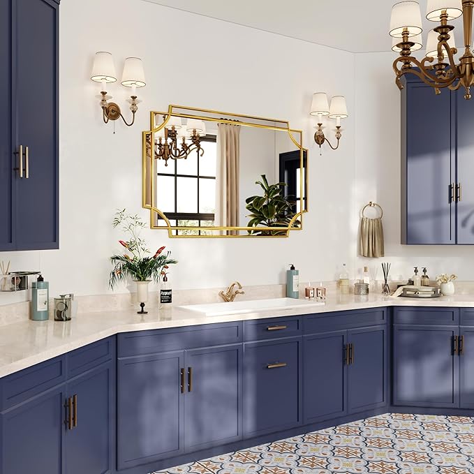 Kelly Miller Large Gold Mirror for Wall, 30"x46" Gold Bathroom Mirror Vanity Mirror Decorative Mirror Scalloped Beveled Mirror for Master Bath Half Bath Living Room Bedroom Farmhouse Fireplace Hallway-Ruum Studio Home