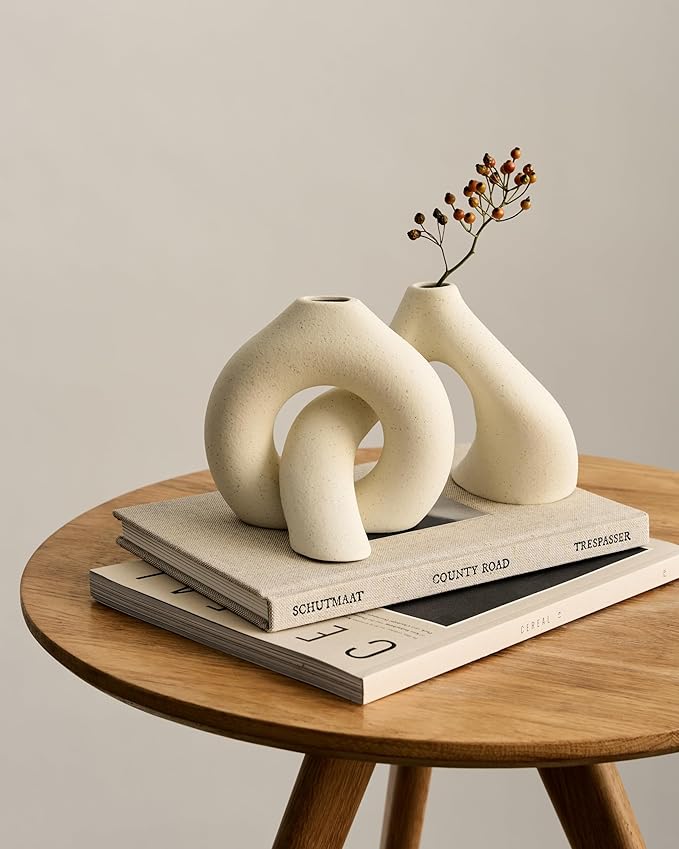 NOBULA White Ceramic Donut Vases – Modern Home Decor for Living Room, Bedroom & Table Centerpiece - Minimalist Nordic – Unique Vases for Olive Plant & Flowers – Decorative Coffee Table Vase Set of 2-Ruum Studio Home