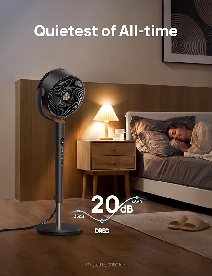 Dreo Fan for Bedroom, 120° Oscillating Standing Fans, Quiet Floor Fan with DC Motor, 100ft Pedestal Fans for Room, 9 Speeds, 4 modes, 20dB, 120° Manual Vertical, 37-42" Adjustable Height, 9H Timer-Ruum Studio Home