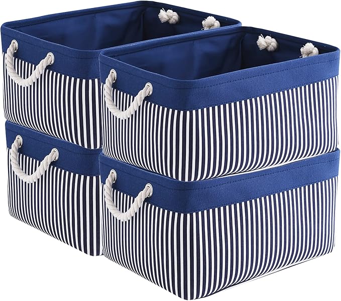 TcaFmac Storage Basket for Organizing - Large 4 Pack Foldable Storage Bins Baskets for Shelves with Ropes, Fabric Storage Cubes for Cloth Toy Gift Kids (Navy & White 16x12x8 inch)-Ruum Studio Home