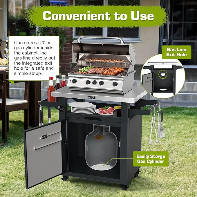 NUUK Grill Carts Outdoor with Enclosed Cabinet and Storage Drawer, Portable Patio Bar Cart with Wheels Stainless Steel Kitchen Storage Island 20" x 30" Rolling Prep Station for BBQ, Deck, Backyard-Ruum Studio Home