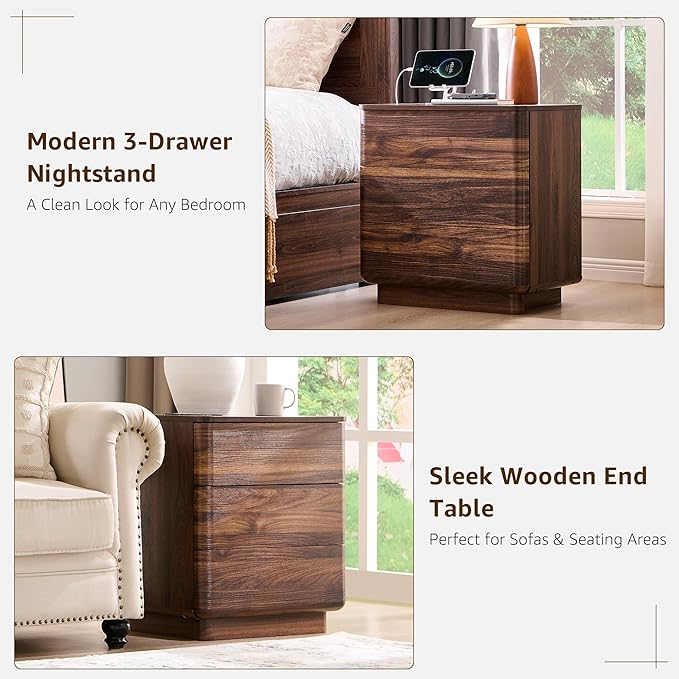 JXQTLINGMU 22" Modern Nightstand Set of 2 with Charging Station, Large Push-to-Open End Table, Wood Bedside Table, Curved Profile, Handleless 3 Drawer Night Stand for Bedroom, Living Room, Brown-Ruum Studio Home