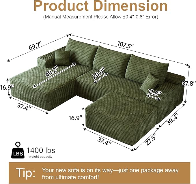 108" Sectional Couches for Living Room Modern Modular Sofa with L-Shape Couchs Upholstered Boneless Couch Deep Seat Sectional Couch with Chaise (Green, Left Facing Chaise+2Seaters+1Ottoman)-Ruum Studio Home
